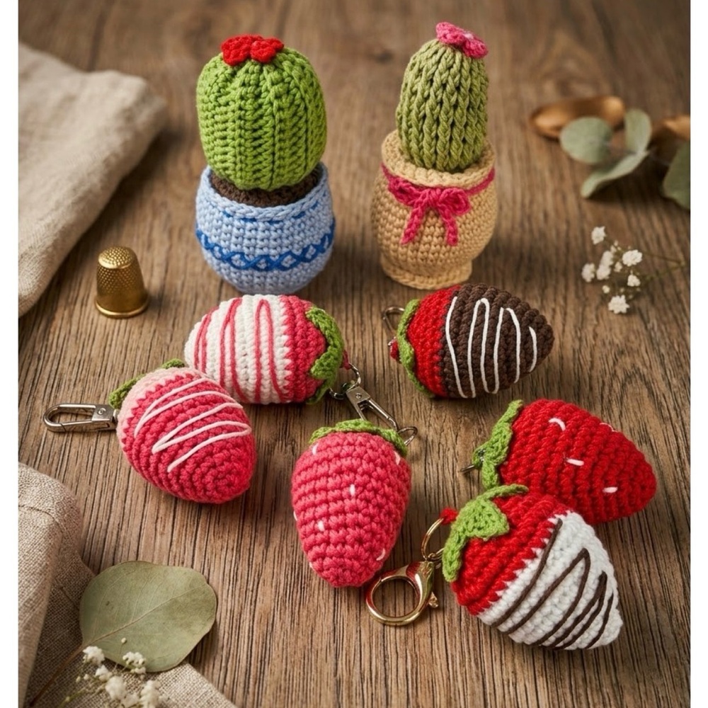 Crochet Strawberry and Cactus Keychains (ONE ITEM PRICE )